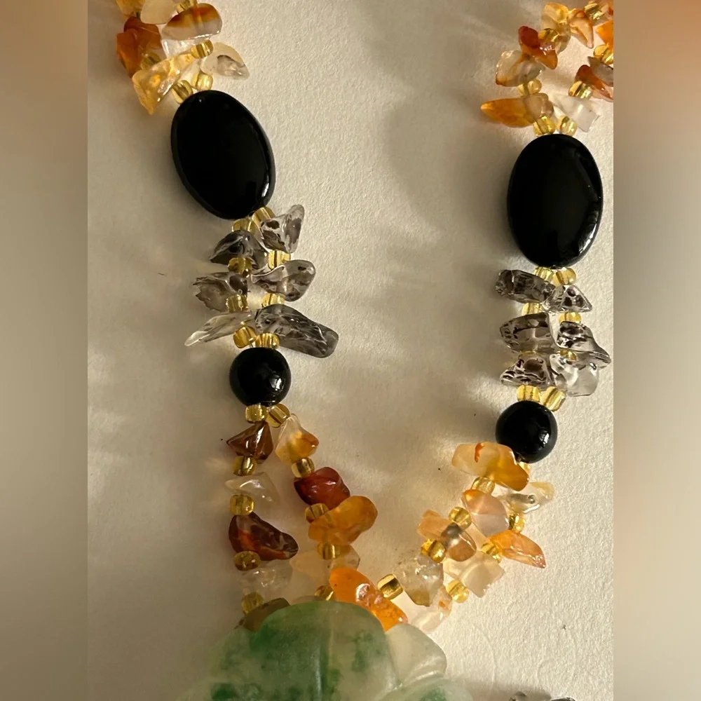 Necklace Artisan Jade flower tassel, Onyx, Rutilated Quartz, Carnelian beads